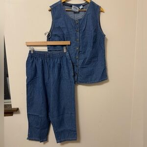 (M) vintage retro 80s 90s 2pc blue v neck sleeveless top crop pant denim set